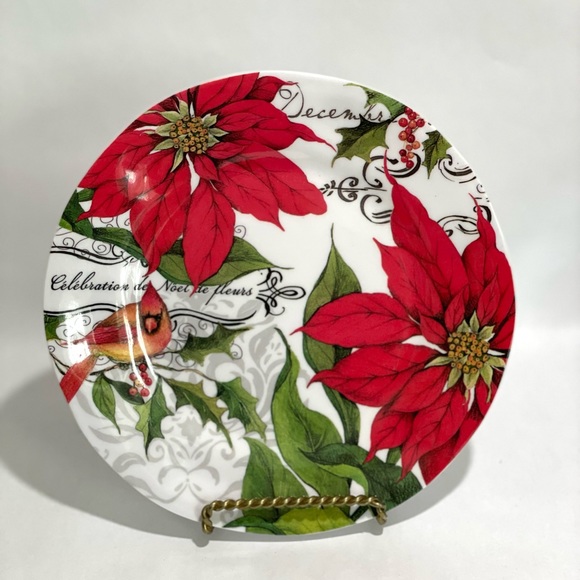 Poinsettia cardinal Christmas melamine salad plates set of 8 - Picture 6 of 6